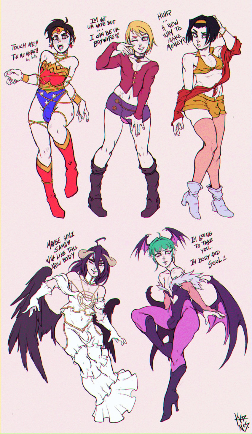 5boys albedo_(overlord) black_hair cowboy_bebop crossdressing crossover crossplay darkstalkers dc dc_comics eastern_and_western_character faye_valentine femboy genderswap_(ftm) green_hair head_wings karnos kvrnos lasso_of_truth male male_only maria_(silent_hill) morrigan_aensland multiple_boys overlord_(maruyama) rule_63 silent_hill_2 wings wonder_woman wonder_woman_(series)