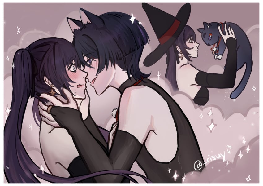 1boy 1girls almost_kissing blush cat_ears catboy feline female genshin_impact hand_on_face holding_face imminent_kiss kissing long_hair male male/female mona_(genshin_impact) scaramouche_(genshin_impact) straight surprise surprised_expression transformation witch_hat