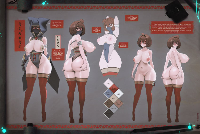 ahoge areola arms_over_head ass big_ass big_breasts breasts brown_eyes brown_hair cameltoe capcom character_sheet face_mask fishnet glossy glossy_body gloves grabbing_ass grabbing_own_ass hoodie kamura_(armor) koneko_(thekite) large_breasts monster_hunter monster_hunter_rise nipples nude nude_female oc pasties pussy shuriken skimpy skimpy_clothes skimpy_outfit skindentation stockings thekite thick thick_ass thick_legs thick_thighs thighhighs thighs wide_hips