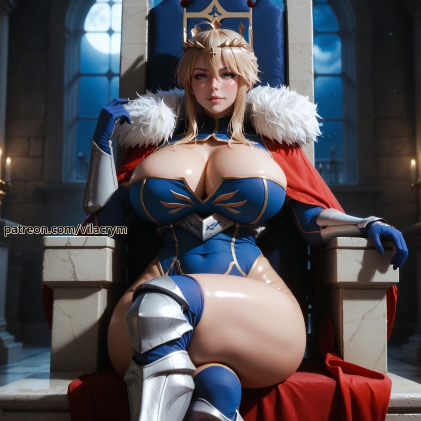 ai_generated artoria_pendragon artoria_pendragon_(lancer) big_breasts cleavage cleavage_cutout curvy hourglass_figure sitting stable_diffusion thick_thighs vilacrym wide_hips