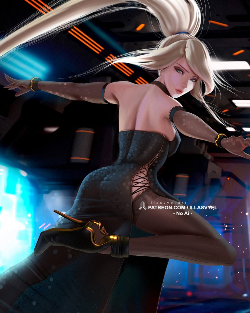 1girls back_view beauty_mark black_dress blonde_hair dress elbow_gloves female female_focus female_only gloves high_heels illasvyel leggings long_hair looking_at_viewer looking_back metroid nintendo ponytail samus_aran side_slit solo solo_female solo_focus tagme thick_thighs thigh_highs thighhighs thighs