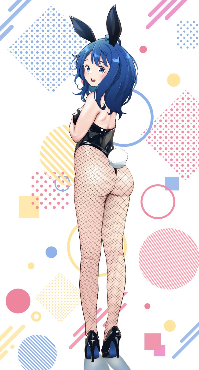 1girls abstract_background ass back back_view bare_arms bare_back bare_shoulders big_ass black_leotard blue_eyes blue_hair blush booty breasts bunny_ears bunny_tail bunnysuit cleavage fishnet_pantyhose fishnets high_heels leotard long_hair looking_at_viewer looking_back make_heroine_ga_oo_sugiru! mashiroshiro medium_hair open_mouth smile solo strapless strapless_leotard thighs thong_leotard yanami_anna