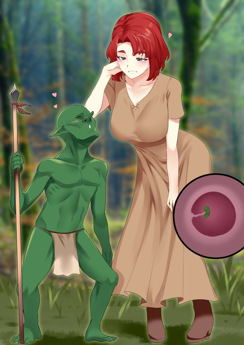 anya_strider_(kuroe_prime) background big_ass big_breasts blue_eyes clothing forest goblin goblin_male hearts_around_head in_love kuroe_prime loincloth looking_at_viewer monster original_character pregnant pregnant_female red_hair short_hair simple_clothing spear