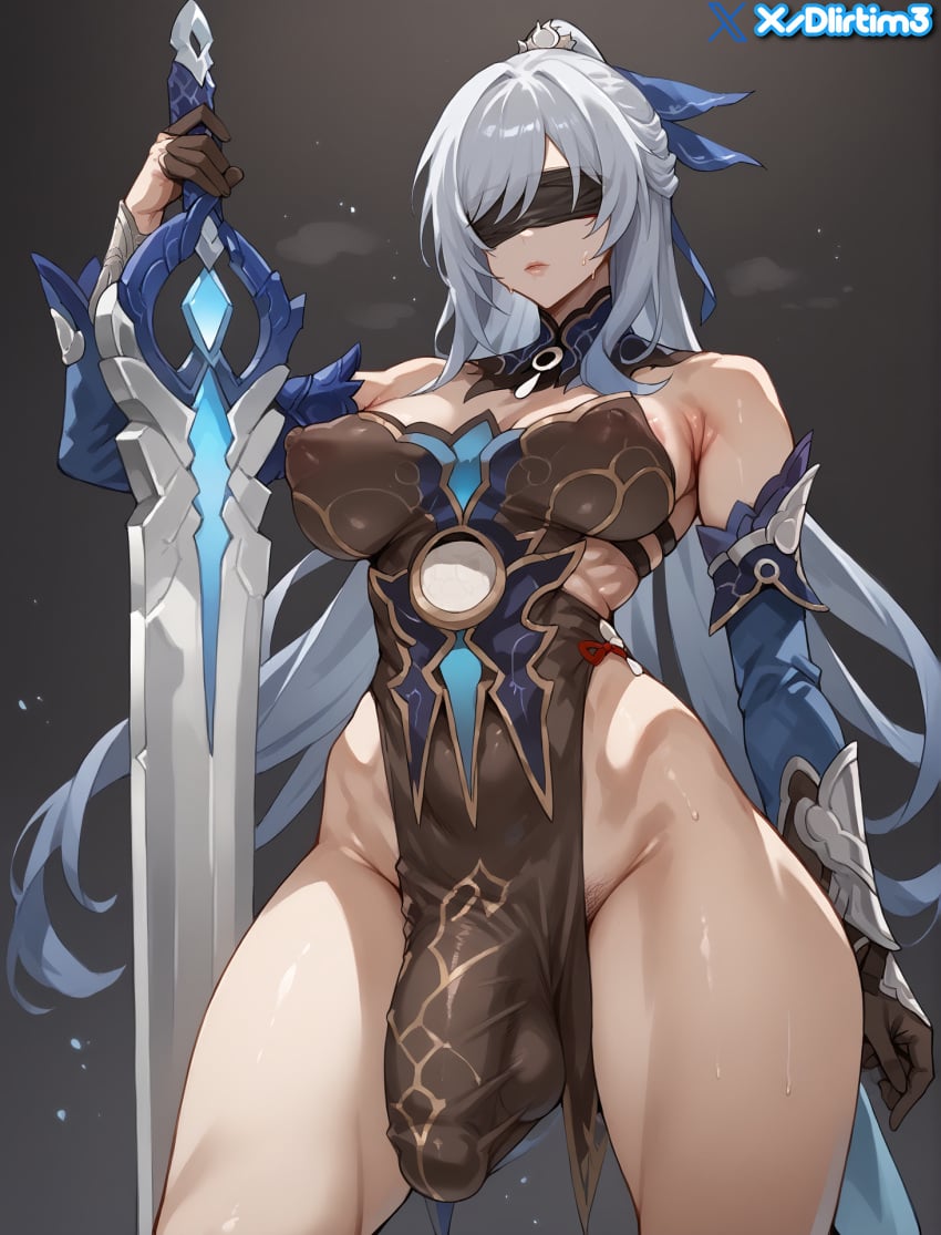 ai_generated blindfold bulge bulge_through_clothing dlirtim_(artist) futanari holding_sword honkai:_star_rail jingliu_(honkai:_star_rail) sweat sword white_hair