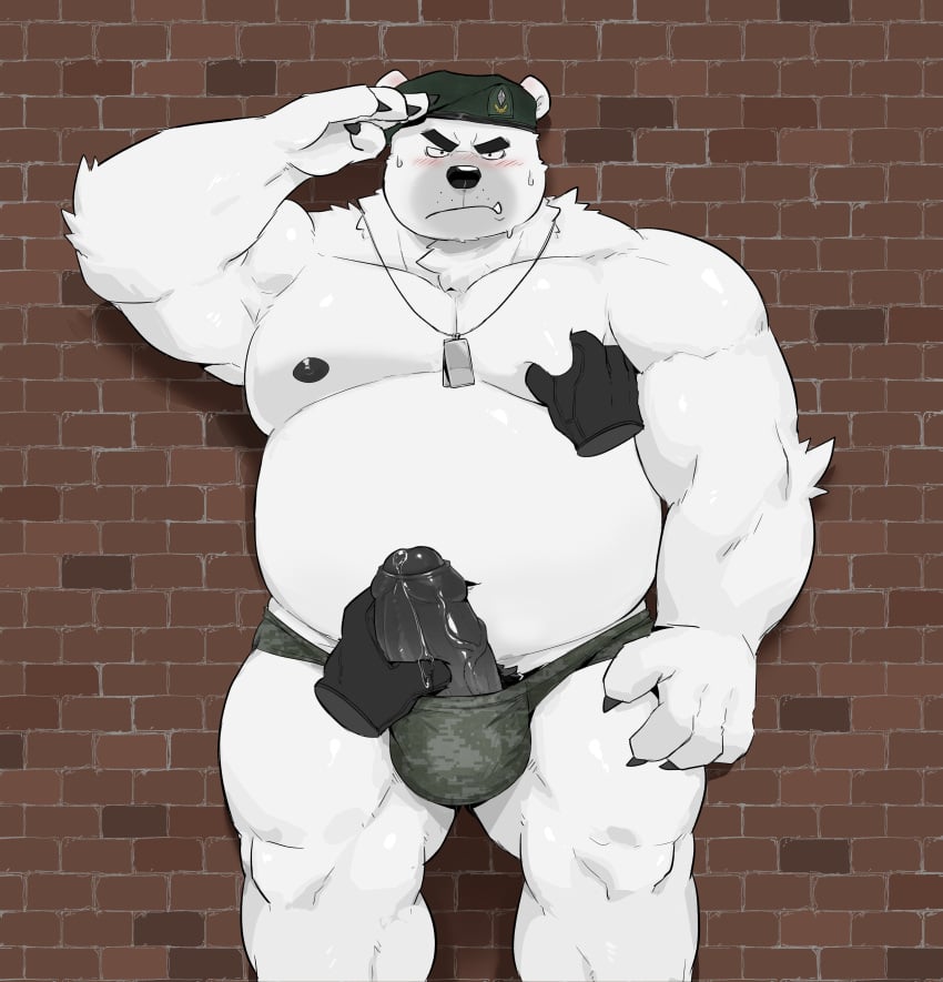 4_fingers absurd_res anthro bear beret black_nipples black_penis blush bodily_fluids brick_background camo camo_clothing camo_print camo_underwear clothing dog_tags erection fingers fur genital_fluids genitals gesture gesturing_at_viewer hat headgear headwear hi_res looking_at_viewer male male_focus male_solo mammal muscular muscular_anthro muscular_male nipple_fetish nipple_pinch nipple_play nipples overweight pattern_clothing pattern_underwear penis pinch polar_bear salute solo standing sweat underwear ursine warr white_body white_fur