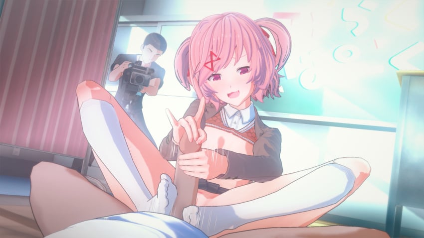 1girls 2boys 3d dark-skinned_male dark_skin doki_doki_literature_club feet female footjob footjob_pov human human_only koikatsu light-skinned_female light_skin madisson_690 male male/female male_pov multiple_boys natsuki_(doki_doki_literature_club) penis pov school_uniform self_upload