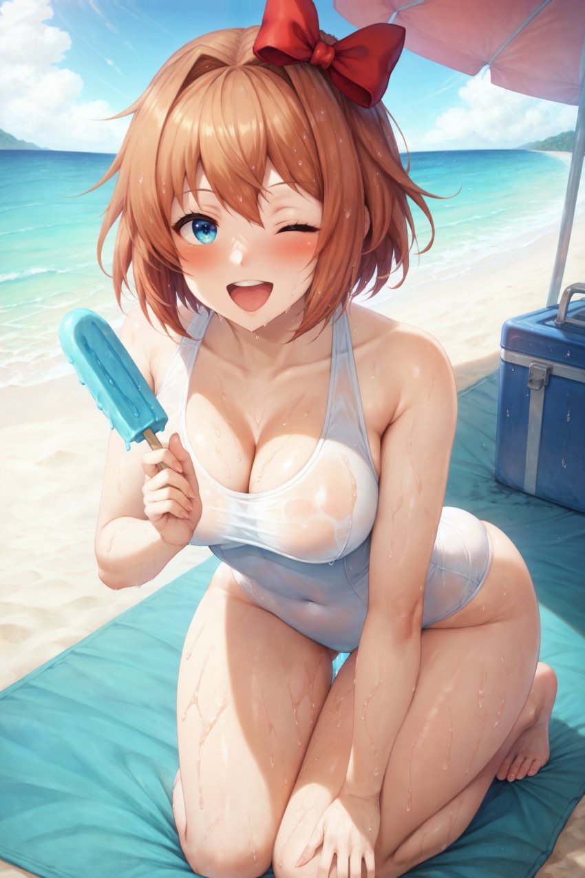 1girls ;d ai_generated aimoonshine bare_arms bare_legs bare_shoulders barefoot beach beach_towel beach_umbrella blue_eyes blue_sky blush bow breasts brown_hair cleavage cloud collarbone color cooler covered_navel covered_nipples day doki_doki_literature_club female female_only food full_body hair_between_eyes hair_intakes hairbow happy holding holding_food horizon kneeling large_breasts looking_at_viewer ocean offering_food one-piece_swimsuit one_eye_closed open_mouth orange_hair outdoors popsicle red_bow sand sayori_(doki_doki_literature_club) see-through short_hair sky smile smiling solo swimsuit teeth thigh_gap thighs toes towel umbrella upper_teeth_only water wet wet_body wet_clothes wet_hair wet_skin white_one-piece_swimsuit wide_hips