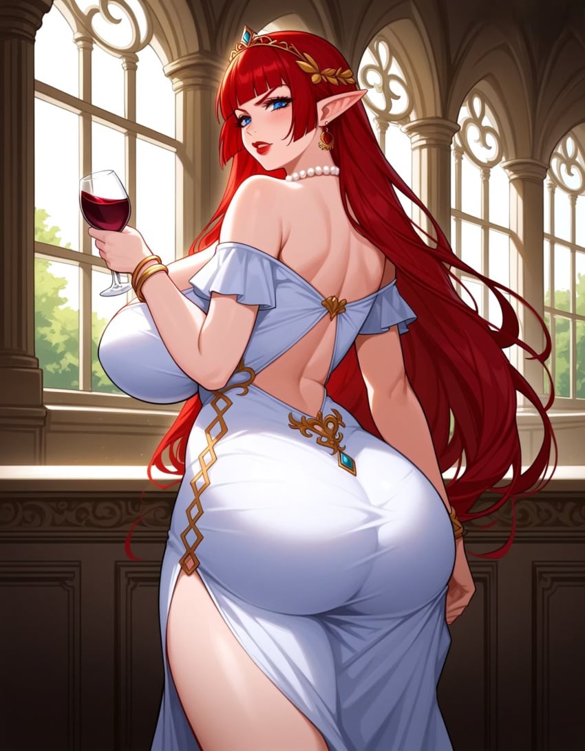 1girls ai ai_generated big_ass big_breasts big_butt blue_eyes bubble_ass bubble_butt curvaceous curvy curvy_female curvy_figure disgusted dress elf elf_ears elf_female female from_behind glaring hime_cut huge_ass huge_breasts large_ass large_breasts long_hair looking_at_viewer looking_back looking_back_at_viewer plump_ass red_hair round_ass standing straight_hair thick thick_ass thick_thighs voluptuous wine wine_glass