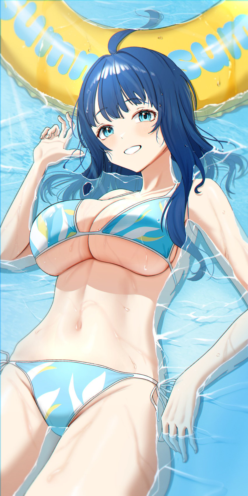 ahoge bare_arms bare_belly bare_legs bare_shoulders bare_thighs belly_button big_breasts bikini blue_bikini blue_eyes blue_hair blush breasts collarbone groin inflatable_raft long_hair make_heroine_ga_oo_sugiru! parted_lips partially_submerged poppo_myupunk98 side-tie_bikini_bottom sideboob smile string_bikini thighs underboob water wet_body wet_hair yanami_anna