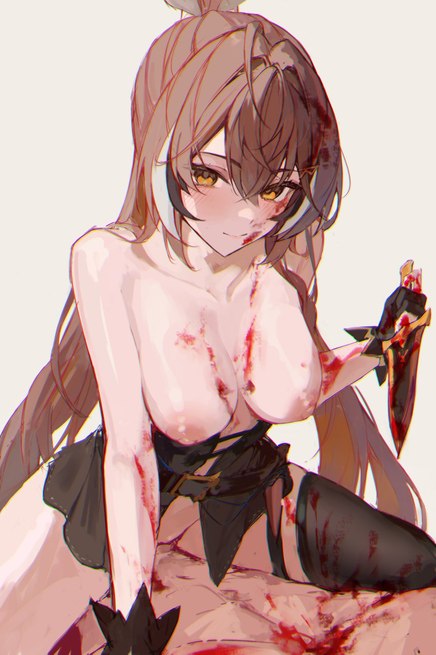 1boy absurdres ahoge blood blood_on_clothes blood_on_face blood_on_hands blood_on_weapon blush breasts brown_eyes brown_hair chromatic_aberration cowgirl_position female gore hair_ornament highres hololive hololive_english hololive_english_-council- hololive_english_-promise- knife long_hair multicolored_hair nanashi_mumei nanashi_mumei_(1st_costume) naokomama nipples scary_sex second-party_source sex skirt solo_focus straddling straight streaked_hair topless vaginal_penetration virtual_youtuber weapon