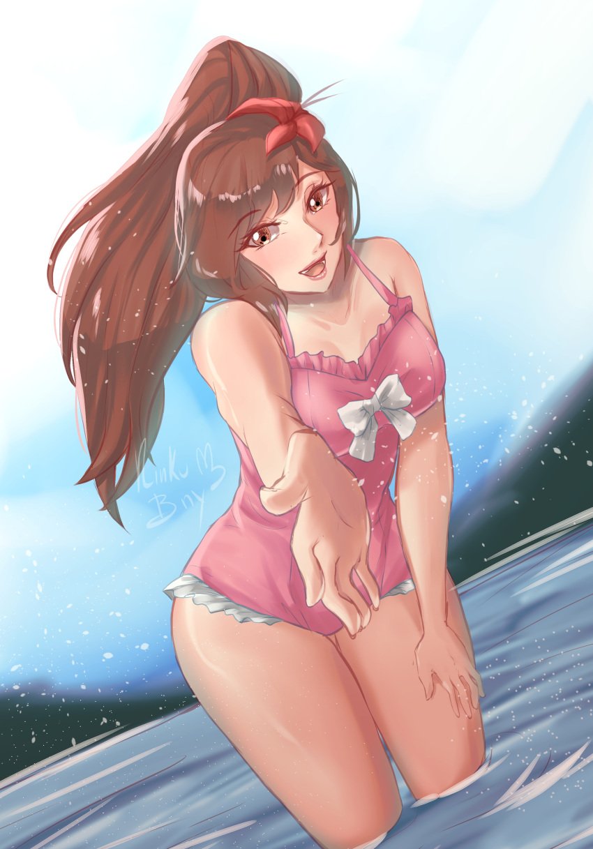 absurdres breasts brown_eyes brown_hair cleavage creatures_(company) flower frills game_freak hair_flower hair_ornament highres lips lipstick long_hair looking_at_viewer makeup nintendo oichi oichi_(pokemon_conquest) oichi_(sengoku_musou) one-piece_swimsuit parted_lips pokemon pokemon_conquest ponytail reaching reaching_towards_viewer ribbon rinku_bny sengoku_musou shiny_skin smile swimsuit thighs water white_ribbon