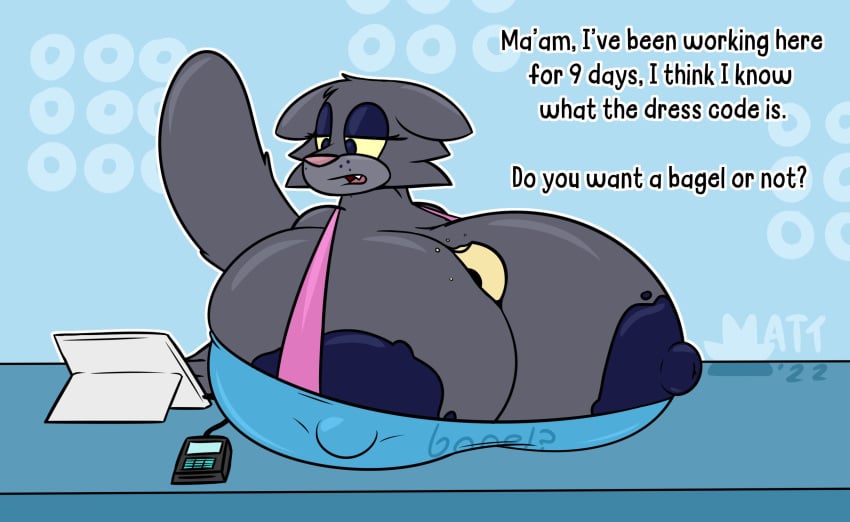 anthro bad_anatomy bagel big_breasts employee employee_uniform feline female grayce_newhire_(mattthetooncat) huge_breasts mattthetooncat nipple_bulge nipple_slip nipples nonchalant tagme talking talking_to_another