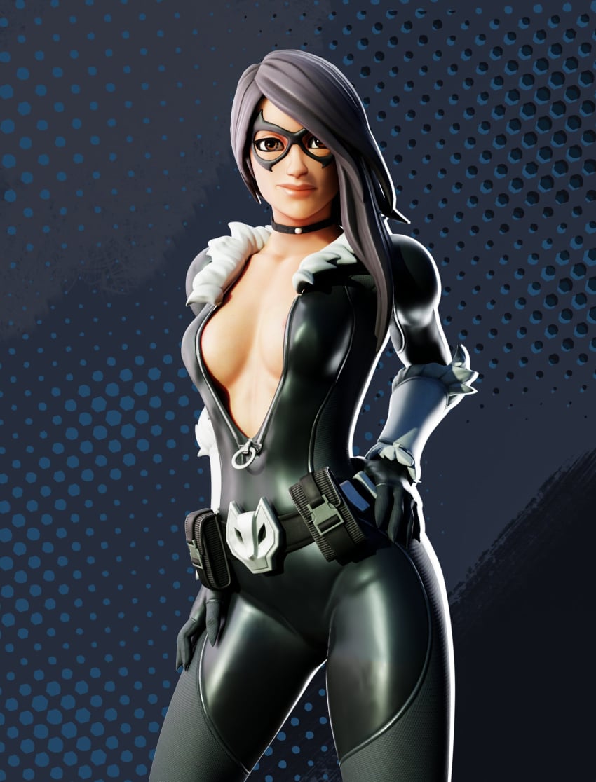 3d black_cat_(cosplay) black_cat_(marvel) black_hair black_outfit breasts brown_eyes cat_girl eye_mask face_mask feline fortnite fortnite:_battle_royale hand_on_hip hips long_hair looking_at_viewer looking_seductive marvel marvel_comics maya_(fortnite) neckwear no_bra open_shirt sexy sexy_pose showing_breasts smiling smiling_at_viewer zayd_koz