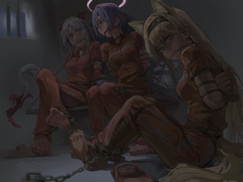 a_tea akafuyu_(arknights) arknights arms_behind_back barefoot blonde_hair blue_eyes blue_hair bondage bondage bondage bound chains highres horn_(arknights) long_hair nian_(arknights) pink_eyes prison prison_cell prison_clothes prisoner restrained short_hair spuria_(arknights) tied_up_(nonsexual) white_hair