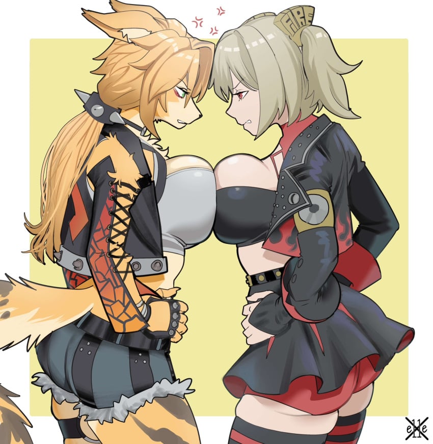 2girls akiman_pose animal_ear_fluff animal_nose ass blonde_hair breast_contest breast_press breasts burnice_white confrontation eye_contact face-to-face furry furry_female green_eyes highres large_breasts long_hair looking_at_another multiple_girls pulchra_(zenless_zone_zero) red_eyes rivalry shorts snout symmetrical_docking tail x_e11e zenless_zone_zero