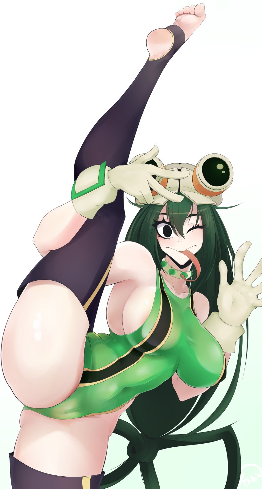 1girls athletic_female barefoot big_breasts big_thighs dark_eyes feet flexible frog_girl green_hair hero_outfit_(mha) looking_at_viewer my_hero_academia soles thick_thighs thighs toe_scrunch toes toes_scrunch tongue_out tsuyu_asui