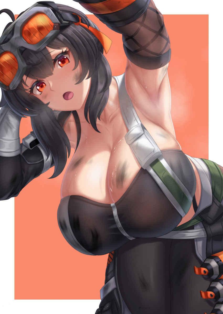 1girls 2024 armpits big_breasts black_hair breasts danndy180 gloves goggles goggles_on_head grace_howard hoyoverse large_breasts looking_at_viewer mihoyo pants red_eyes standing sweat tagme tight_pants watermark zenless_zone_zero