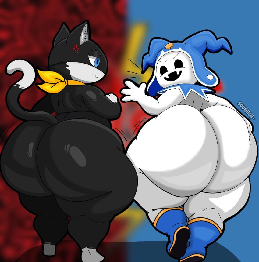 2boys anthro ass atlus bandana big_butt black_body black_eyes black_fur blue_eyes clothing cross-popping_vein demon domestic_cat duo fangs felid feline felis footwear fur gloves_(marking) hat headgear headwear hi_res huge_butt huge_hips huge_thighs humanoid imp jack_frost_(megami_tensei) kerchief leg_markings looking_at_viewer looking_back male male_focus male_only mammal markings mask megami_tensei morgana_(persona) neckerchief nitrozo nude open_mouth persona_(series) persona_5 sega shoes socks_(marking) tail tail_markings teeth thick_thighs tuxedo_cat white_body white_fur wide_hips