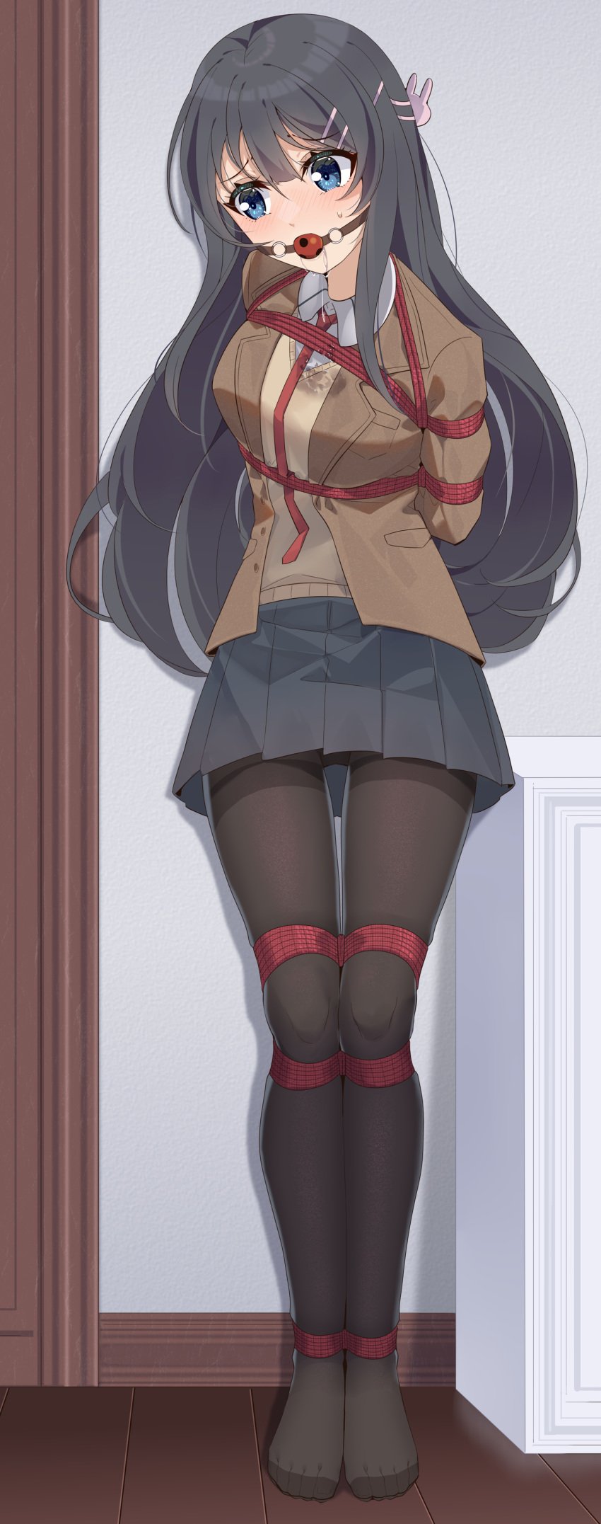 absurdres arms_behind_back ball_gag black_pantyhose blue_eyes bondage bound ddt_(darktrident) female female_only femsub fully_clothed gag grey_hair highres indoors long_hair necktie pantyhose pleated_skirt restrained rope sakurajima_mai saliva school_uniform seishun_buta_yarou shibari_over_clothes skirt standing