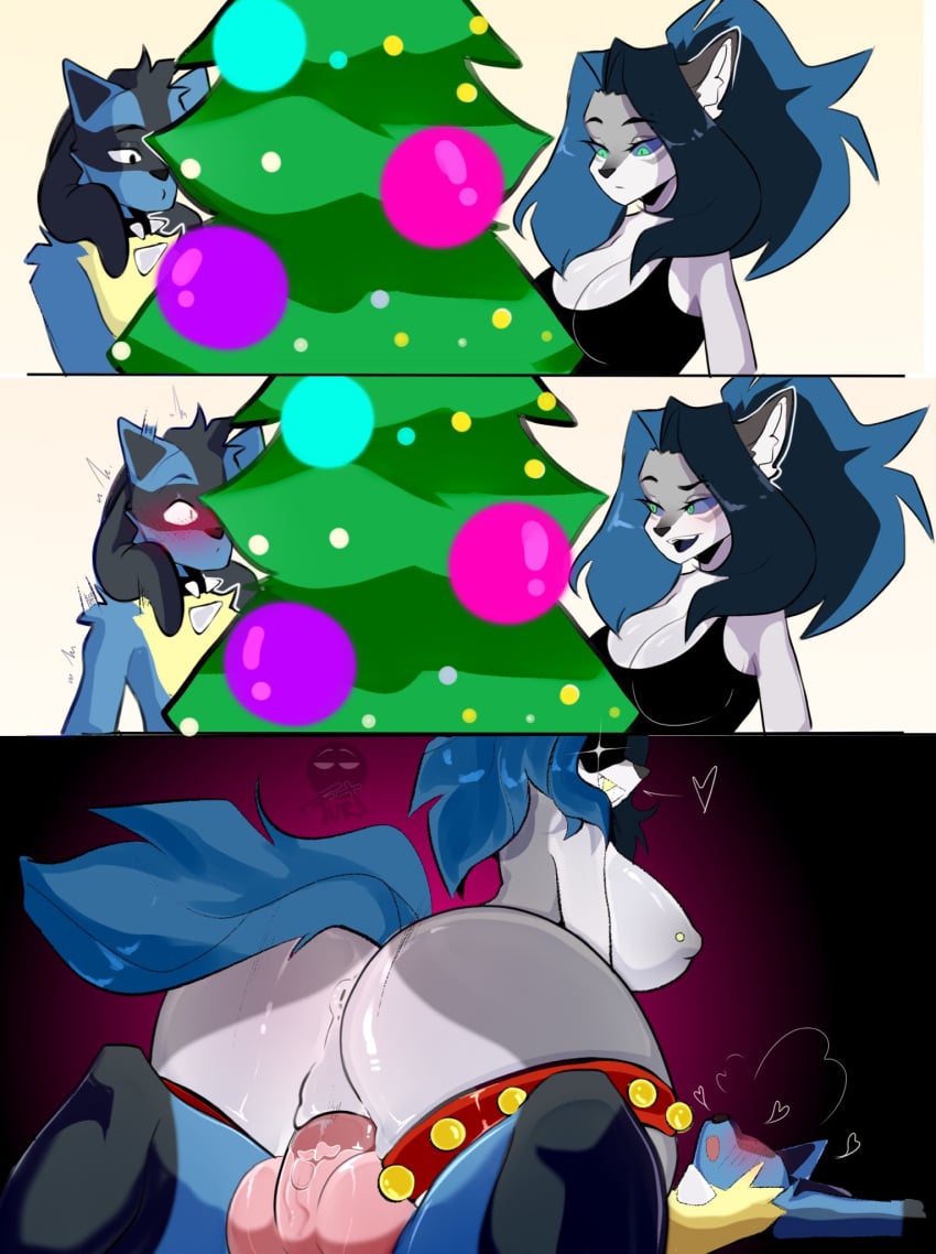 anthro anus big_breasts blue_body blue_fur blue_hair blue_sclera blue_tail blush breasts canid canine canis christmas christmas_tree cleavage clothed clothing comic dominant dominant_female duo female female_on_top female_penetrated fur generation_4_pokemon genitals green_eyes grey_body grey_fur grey_nipples hair hi_res holidays lucario male male/female male_penetrating male_penetrating_female mammal nintendo nipples on_top penetration plant pokemon pokemon_(species) pussy sex smort_bee tail tree wolf