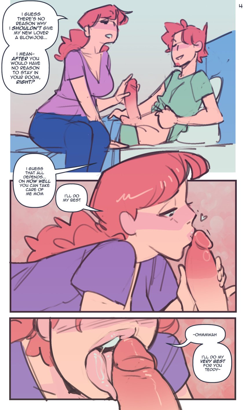 1boy1girl bedroom big_ass big_breasts big_penis biting_lip blush cleavage comic comic_page cucked_by_son father fellatio incest kissing_penis kissing_penis_tip licking_penis licking_tip milf mother_and_son nervous not_enough_milk_(artist) oral original original_character page_3 red_hair touching_penis tugging_collar wide_hips