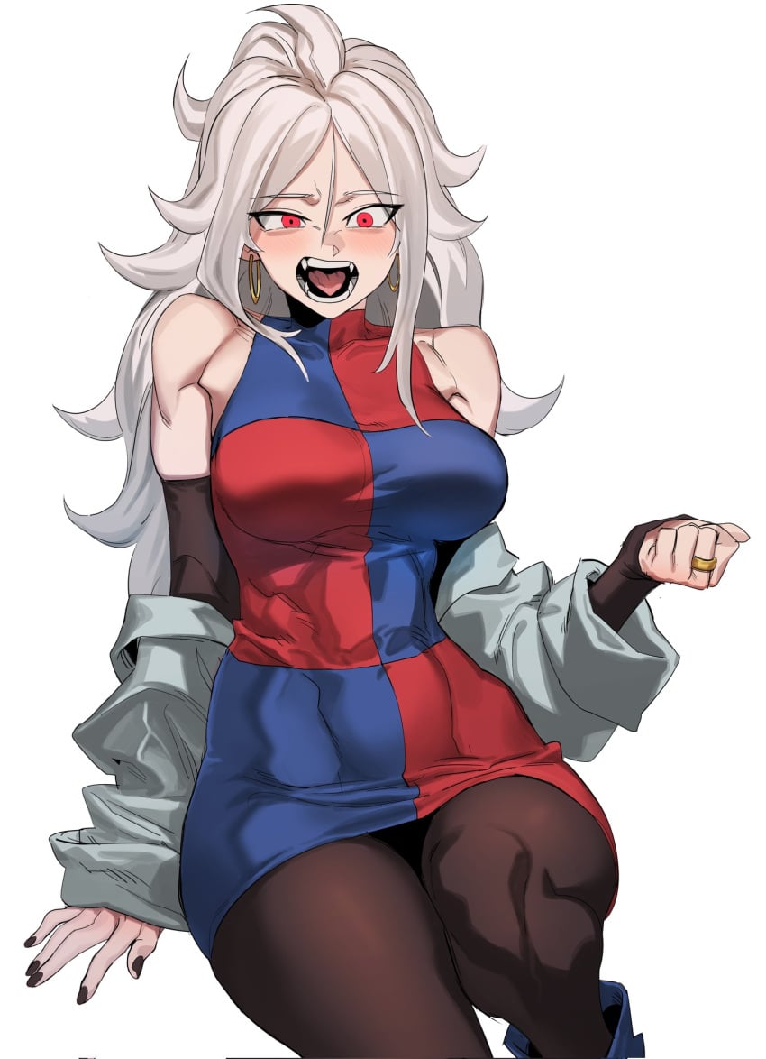 1girls abs abs_visible_through_clothing android_21 athletic_female big_breasts bigpapapickle black_nails calf_muscles canines checkered_clothes dragon_ball dragon_ball_fighterz dragon_ball_z jaws lab_coat labcoat legwear light-skinned_female light_skin looking_at_viewer navel navel_visible_through_clothes open_mouth red_eyes solo_female surprised_expression teeth white_hair zquung