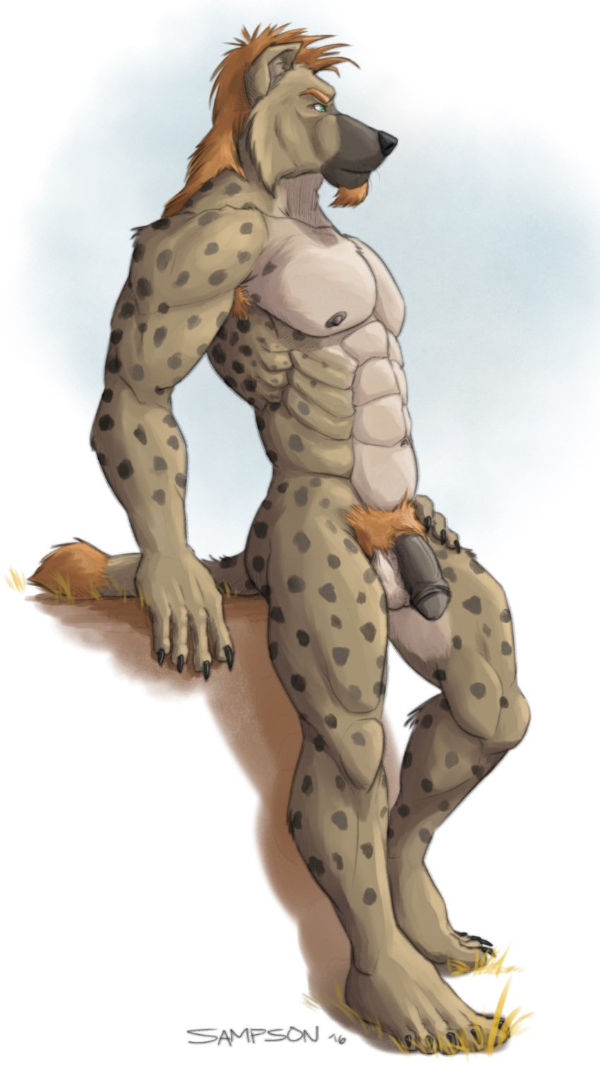 2016 abs anthro balls big_chest big_muscles black_nipples black_nose black_penis brown_body brown_fur brown_spots claws facial_hair feet flaccid fur genitals goatee grass green_eyes head_tuft hi_res humanoid_feet humanoid_genitalia humanoid_penis hyena leaning_against_object looking_into_the_distance male mammal mane markings muscular muscular_anthro muscular_male nipples nude orange_body orange_fur pecs penis plant plantigrade pubes sampsonwoof serratus signature simple_background solo spots spotted_hyena spotted_markings standing story story_in_description tail tail_tuft tan_body tan_fur tuft