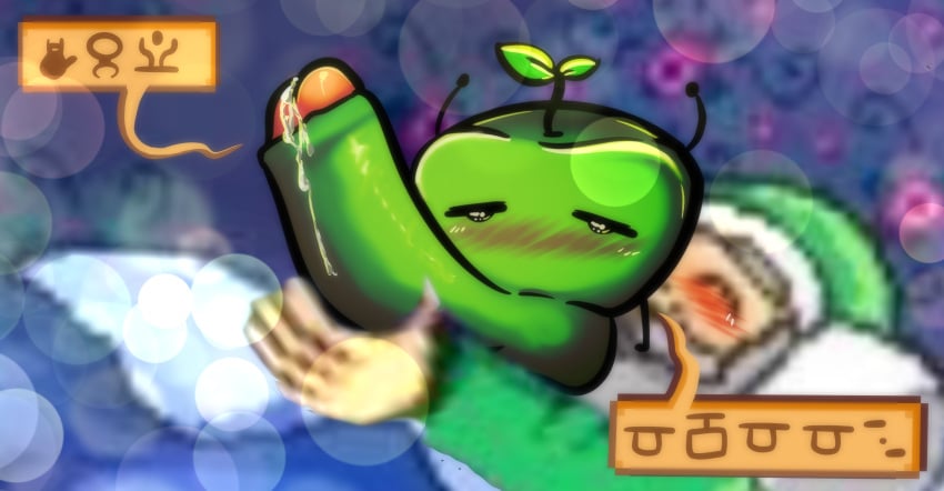 animal ass_eating blush ciphertext creature foreign_text giant_penis grandfather grandpa_(stardew_valley) green_body green_skin holding_penis junimo large_hands older_male on_bed size_difference stardew_valley