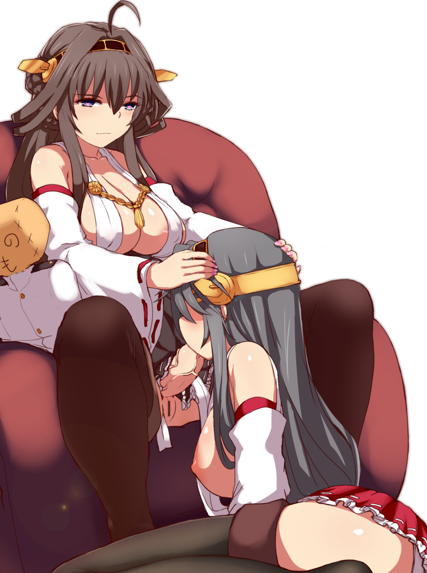 2girls ahoge areola_slip areolae bar_censor black_hair blue_eyes breasts brown_hair censored detached_sleeves fellatio female futa_on_female futa_with_female futadom futanari hair hair_ornament hands_on_another's_head haruna_(kantai_collection) heart heart-shaped_pupils highres hu_sea intersex kantai_collection kongou_(kantai_collection) large_breasts long_hair nipples nontraditional_miko oral penis sitting skirt symbol-shaped_pupils thighhighs veins veiny_penis white_background