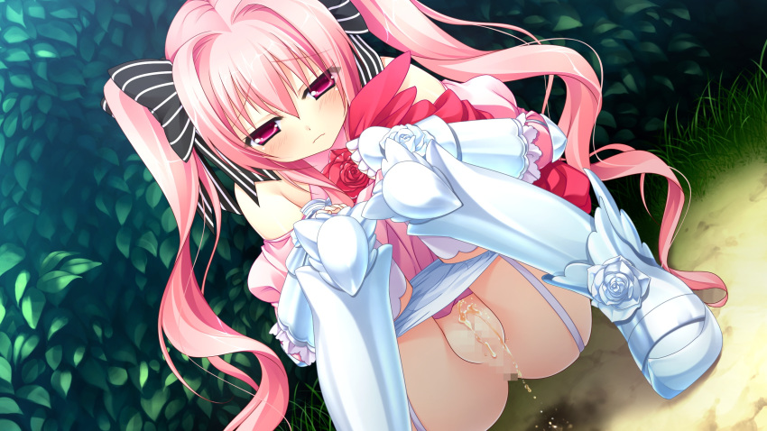 blush censored chuablesoft embarrassed female game_cg garter_straps highres kunai_uri legs long_hair looking_down mosaic_censoring noblesse_of_rouge panties panty_pull pink_eyes pink_hair pussy solo squatting susakuooji_hotoha thighhighs thighs tied_hair twintails underwear white_panties