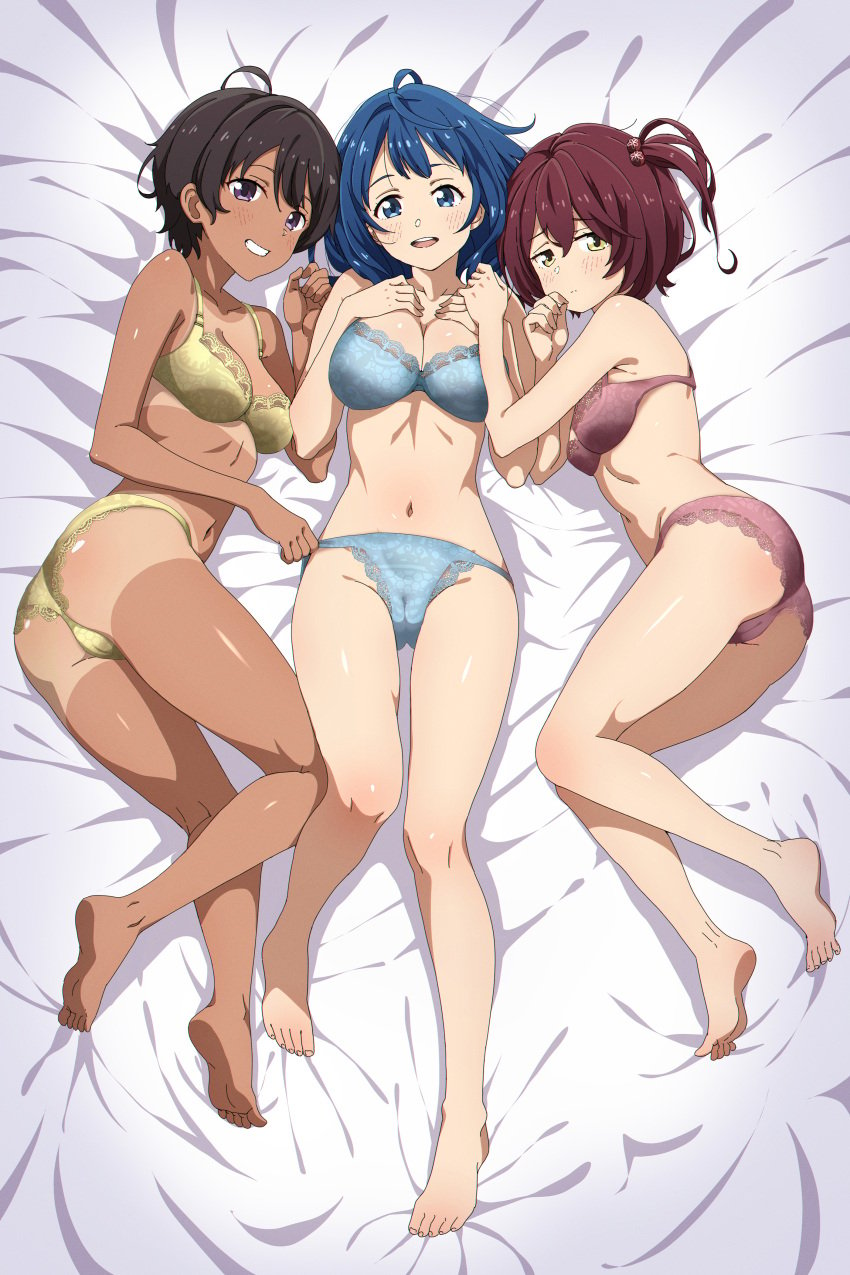 accurate_art_style ahoge ass bare_arms bare_belly bare_legs bare_shoulders bare_thighs barefoot bed bed_sheet belly_button big_breasts blue_bra blue_eyes blue_hair blue_pussy blush body_blush bra breasts brown_hair cleavage collarbone dark-skinned_female feet hip_bones komari_chika lace-trimmed_bra lace-trimmed_panties lhofi lying make_heroine_ga_oo_sugiru! medium_hair on_side open_mouth panties parted_lips purple_eyes red_bra red_hair red_panties short_hair side_ponytail small_breasts smile tanline thighs toes underwear yakishio_lemon yanami_anna yellow_bra yellow_eyes yellow_panties