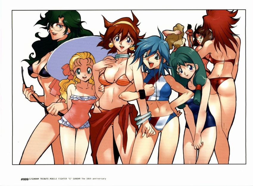 2004 6+girls 9girls allenby_beardsley ass bikini blonde_hair blue_eyes blue_hair brown_hair bunny_higgins cath_ronary cecile_holger curvaceous earrings female fujimoto_hideaki g_gundam glasses green_hair gundam hairband hat human janet_smith large_breasts light-skinned_female light_skin long_hair maria_louise multiple_girls nastasha_zabigov one-piece_swimsuit pale-skinned_female pale_skin rain_mikamura sarong shirley_lane short_hair small_breasts swimsuit whip wide_hips