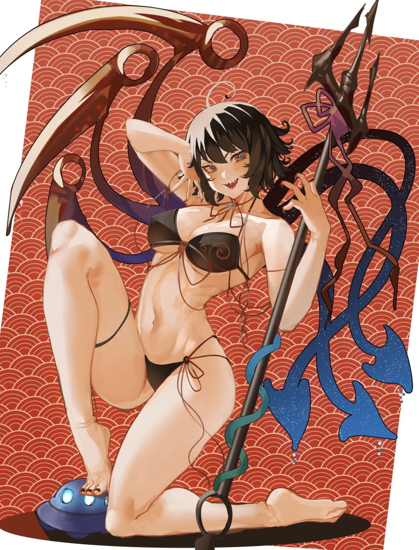 1girls :d arm_strap arm_up asymmetrical_wings bad_anatomy bare_shoulders barefoot bikini black_bikini black_hair black_nails blue_wings breasts cleavage collarbone commentary english_commentary feet female fingernails hair_between_eyes halterneck hand_up highleg highleg_bikini highres houjuu_nue legs long_fingernails looking_at_viewer medium_breasts multi-strapped_bikini multiple_straps nail_polish navel nue_houjuu open_mouth polearm red_eyes red_nails red_wings seigaiha sharp_fingernails sharp_teeth short_hair smile snake solo stomach string_bikini swimsuit teeth thigh_strap toenail_polish toenails toes tomatolover16 touhou trident very_long_fingernails weapon wings