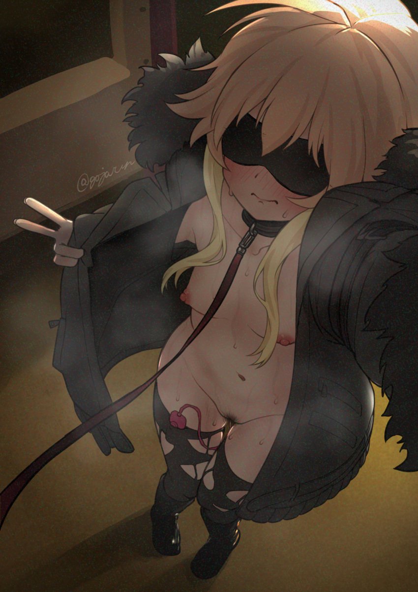 black_thighhighs blindfold blonde_hair blush boots breasts collar exhibitionism female female_pubic_hair fur-trimmed_jacket fur_trim gojarun groin highres idolmaster idolmaster_cinderella_girls jacket leash long_hair navel ninomiya_asuka nipples open_clothes open_jacket paid_reward_available pubic_hair public_indecency selfie sex_toy small_breasts solo thighhighs v variant_set vibrator vibrator_in_thighhighs