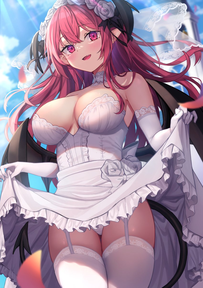 1girls black_wings blush breasts cowboy_shot cute cute_fang demon_tail demon_wings dress dress_lift elbow_gloves female garter_straps gloves hair_between_eyes head_wings highres koakuma large_breasts long_hair oerba_yun_fang open_mouth panties pointy_ears red_eyes red_hair skirt_lift smile solo stockings succubus tail thighhighs touhou wedding wedding_dress white_dress white_gloves white_thighhighs wings wowoguni