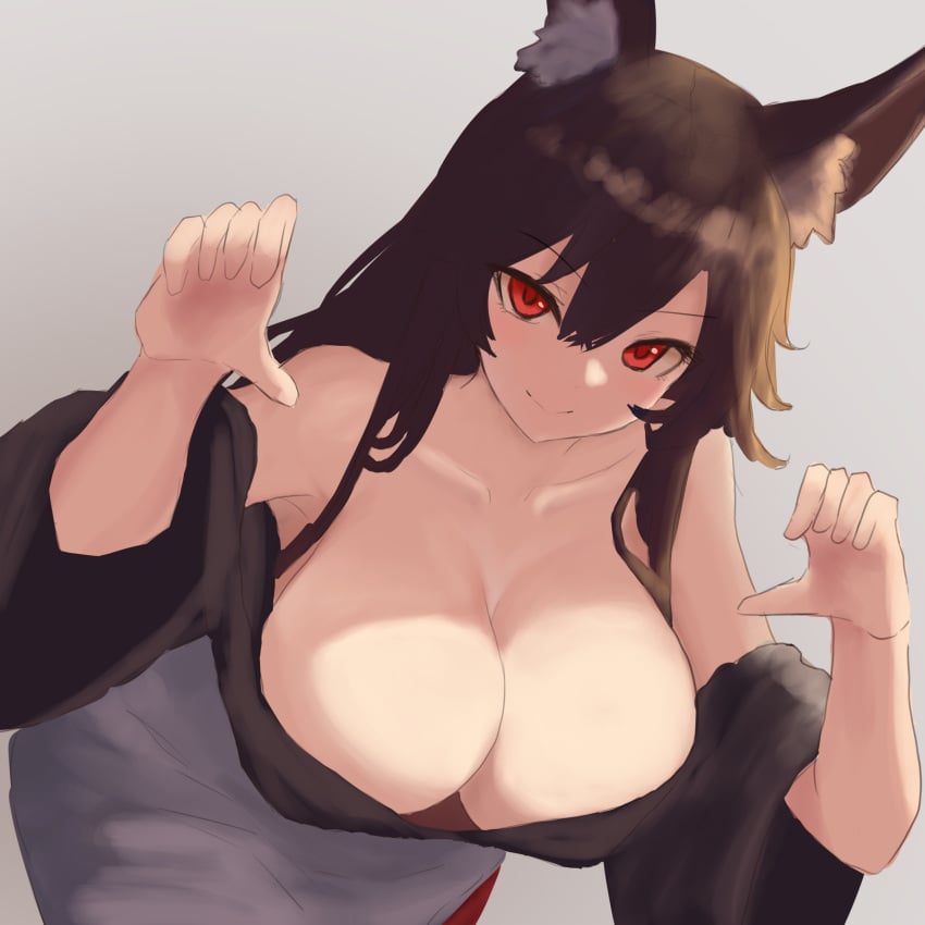 absurdres animal_ear_fluff animal_ears bare_shoulders breasts brown_hair cleavage closed_mouth collarbone commentary_request dress female gradient_background grey_background hair_between_eyes highres huge_breasts imaizumi_kagerou kagerou_imaizumi large_breasts long_hair long_sleeves looking_at_viewer moriforest1040 off-shoulder_dress off_shoulder red_eyes simple_background smile solo touhou upper_body white_dress wide_sleeves wolf_ears wolf_girl