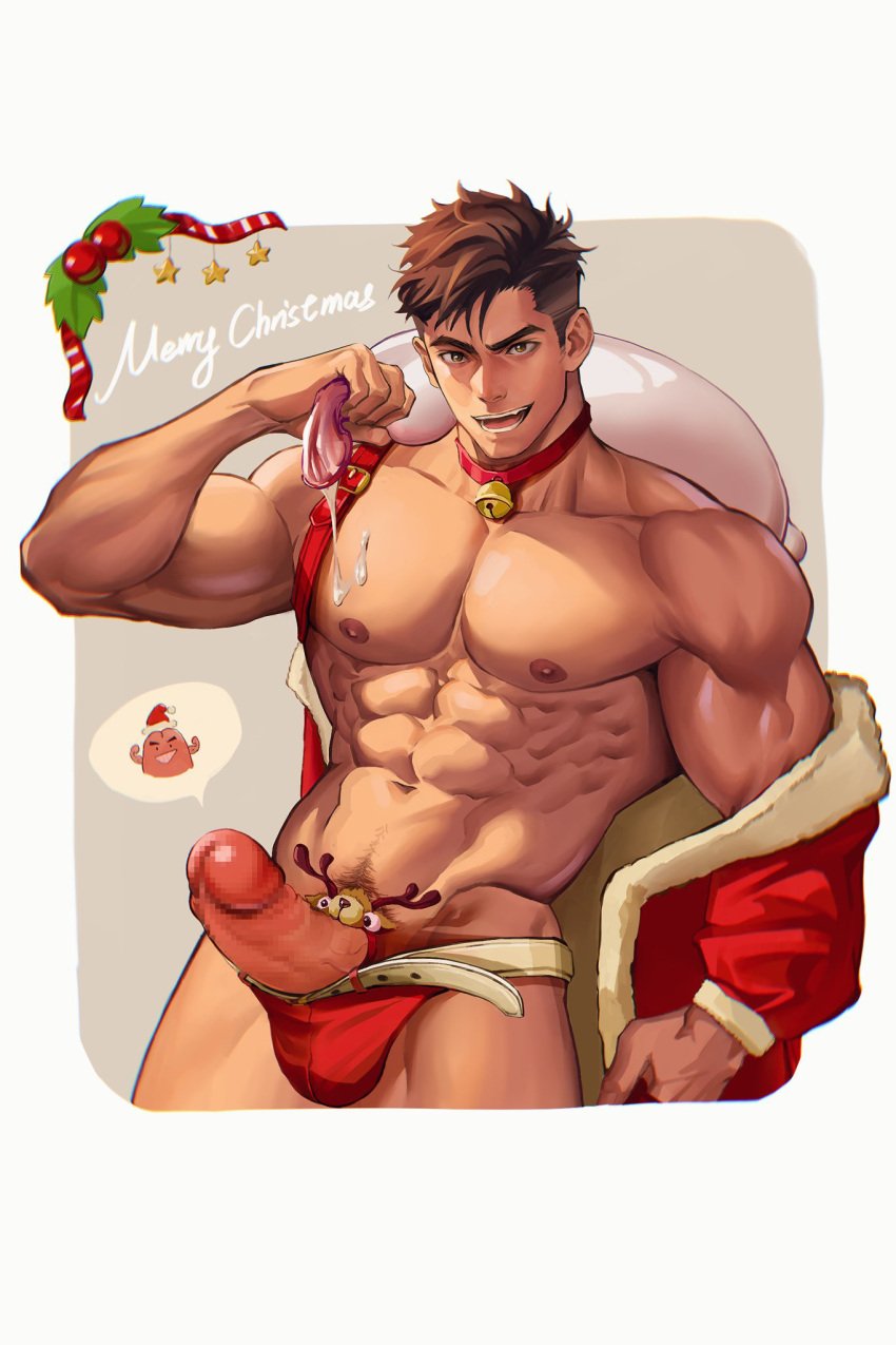 1boy abs belt boxers brown_eyes brown_hair carrying_over_shoulder censored choker coat condom cum cumdrip erection fangs fur-trimmed_coat fur_trim highres holding holding_condom large_pectorals large_penis leaning_back looking_at_viewer male male_focus male_only male_underwear merry_christmas mosaic_censoring muscular muscular_male nipples original parted_lips pectorals penis penis_peek raised_eyebrow red_belt red_choker santa_costume shian948076 short_hair simple_background smile solo solo_male standing swept_bangs teeth thick_eyebrows undercut underwear upper_body used_condom white_belt