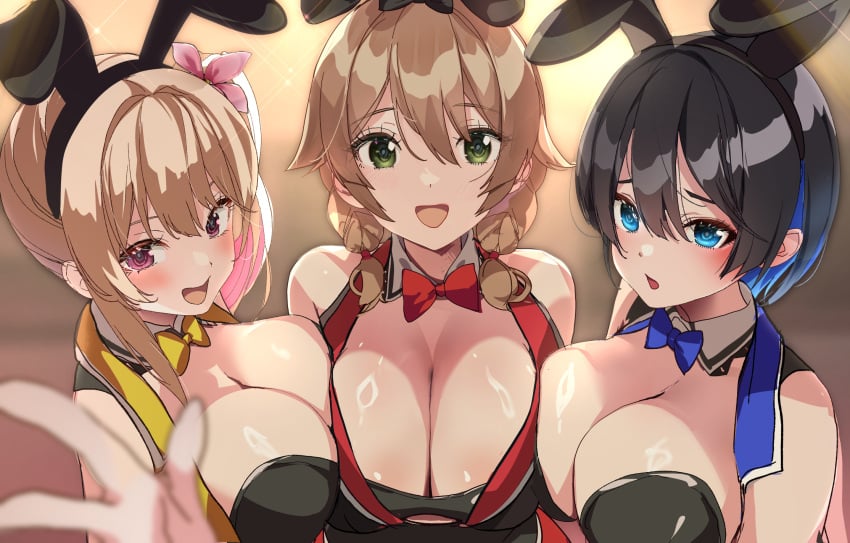 3girls animal_ears black_hair blonde_hair blue_eyes blush bow bowtie braid breast_press breasts brown_hair bunny_garden buttons cleavage double-breasted fake_animal_ears flower gradient_hair green_eyes hair_flower hair_ornament highres kana_(bunny_garden) large_breasts looking_at_viewer miuka_(bunny_garden) multicolored_hair multiple_girls necktie open_mouth pink_eyes rabbit_ears rin_(bunny_garden) short_hair side_ponytail skirt twin_braids two-tone_hair vest yamacchi yellow_bow yellow_bowtie yellow_skirt