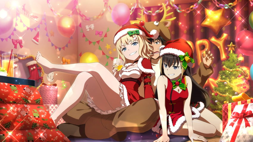 barefoot blonde_hair blue_eyes feet kamijou_touma leivinia_birdway lessar_(to_aru_majutsu_no_index) official_art santa_dress short_hair small_breasts smile thighs to_aru_majutsu_no_index