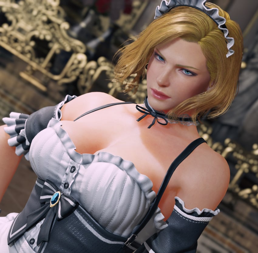 1girls 3d 3d_(artwork) big_breasts blonde_female blonde_hair blonde_hair_female blue_eyes blue_eyes_female cleavage female female_only light-skinned_female light_skin maid maid_headdress maid_uniform milf mod namco nina_williams ribbon_choker screenshot silf tekken tekken_8 video_game_character video_game_franchise