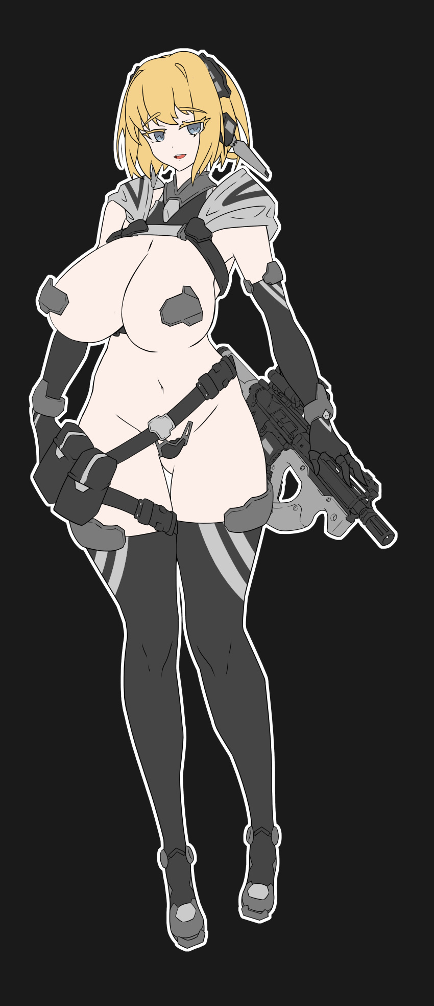 assault_rifle belt blonde_hair blue_eyes casual female female_only firearm gun human looking_at_viewer pale_skin pasties revealing_clothes rifle short_hair skimpy_clothes tactical_nudity tagme targer weapon