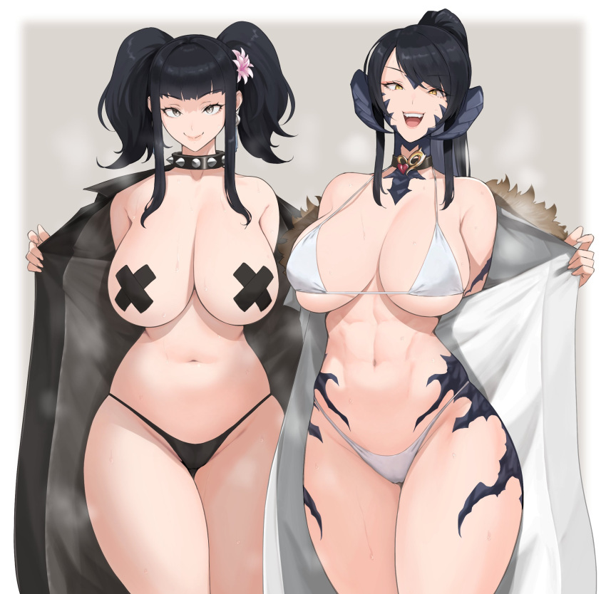 2girls abs anagumasan au_ra bikini black_hair breasts female female_only final_fantasy final_fantasy_xiv high_resolution horns huge_breasts light-skinned_female light_skin long_hair multiple_girls naughty_face pasties ponytail sapphira_nyx scales smile tail twintails