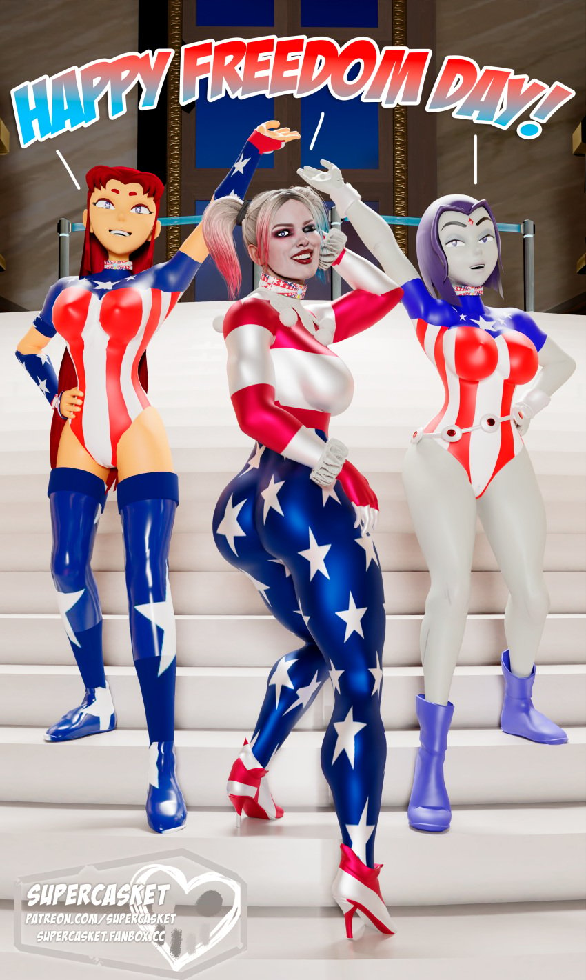 3d 3d_(artwork) 3girls alien_girl alien_humanoid american_flag_print ass batman_(series) big_breasts boots cambion crossover curvaceous curvy curvy_figure dc dc_comics digital_media_(artwork) female female_only forehead_jewel fourth_of_july harley_quinn harley_quinn_(injustice) hero heroine high_heel_boots high_heels hips hourglass_figure human humanoid injustice_2 large_breasts legs leotard light-skinned_female light_skin multicolored_hair multiple_girls orange-skinned_female orange_skin pale-skinned_female pale_skin pigtails purple_hair raven_(dc) red_hair slim_waist starfire supercasket tamaranean teen_titans thick_legs thick_thighs thigh_boots thighs villain villainess wide_hips