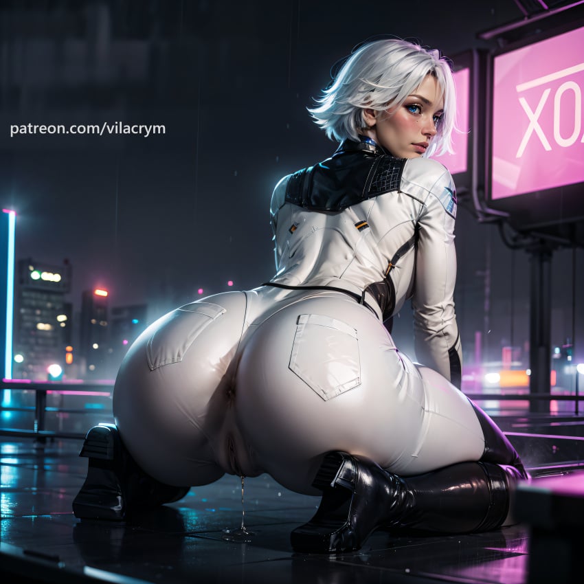 ai_generated anus_visible_through_clothes ass_focus big_ass blue_eyes bodysuit boots cameltoe christie_(doa) dead_or_alive huge_ass night stable_diffusion thick_thighs vilacrym white_hair