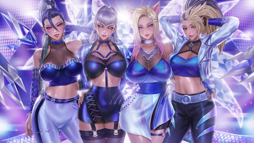 4girls ahri akali_jhomen_tethi artroke blush evelynn female female_only k/da_all_out_ahri k/da_all_out_akali k/da_all_out_evelynn k/da_all_out_kai'sa k/da_all_out_series kai'sa league_of_legends multiple_girls riot_games