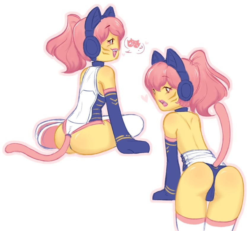 animal_ears animal_tail arm_gloves ass bangs bare_back bare_shoulders cat_ear_headphones cat_ears cat_tail catgirl choker dirty_platypi eyebrows eyelashes facial_markings fangs gloves hair headphones heart hearts lego leotard ninja ninja_girl ninjago ninjago:_dragons_rising pink_hair ponytail shoulders smile sora_(ninjago) tail whisker_markings yellow_skin