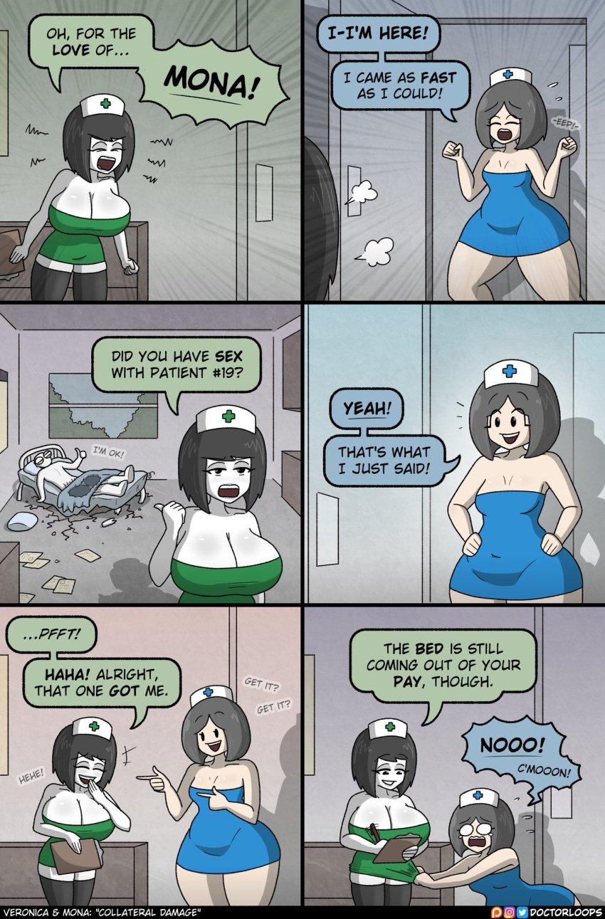 1boy 2girls after_sex big_breasts bob_cut cleavage doctorloops funny humor imprint joke laugh mona_(doctorloops) nurse veronica_(doctorloops) veronica_and_mona