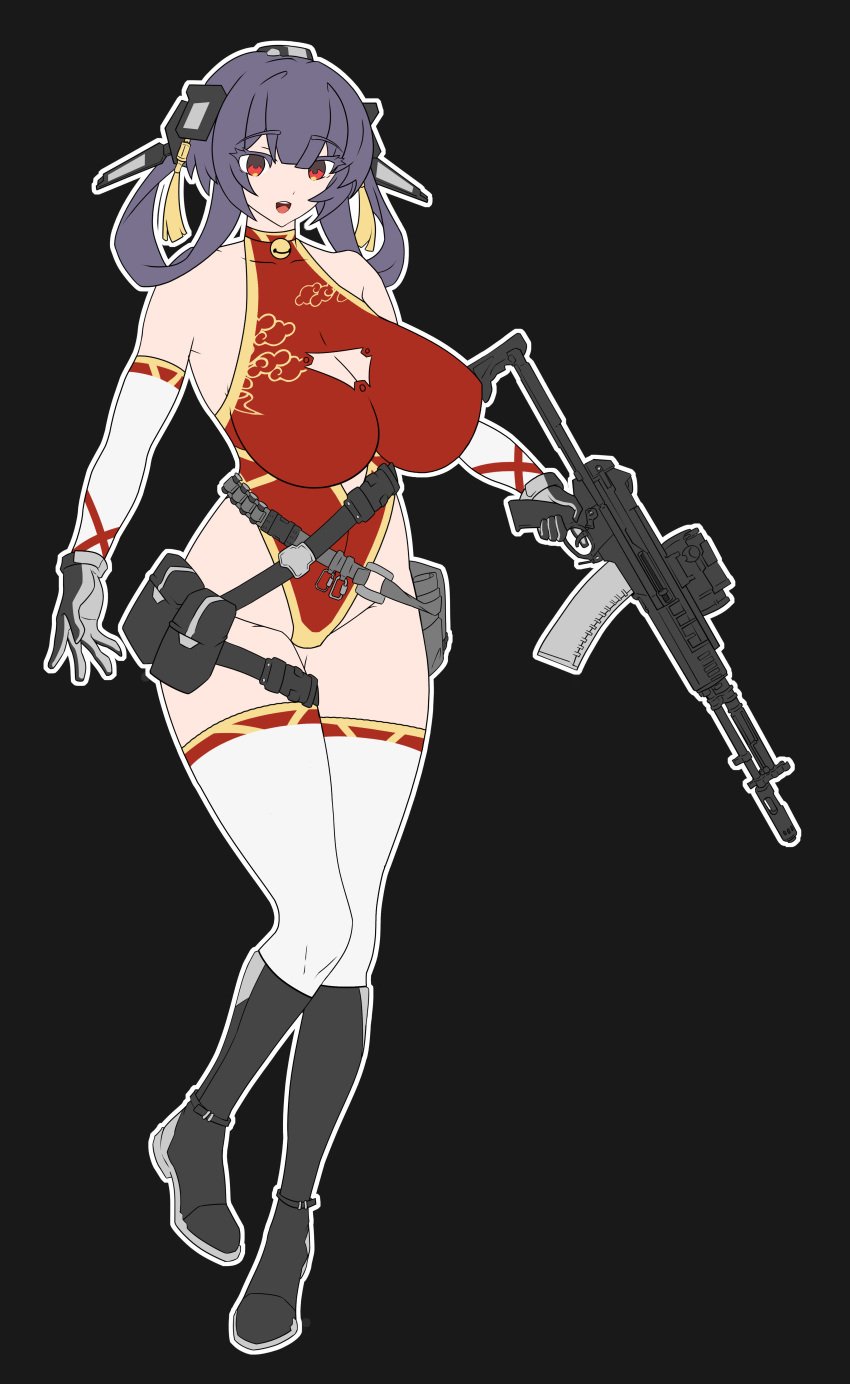 assault_rifle bell_collar boob_window chinese_dress gun looking_at_viewer purple_hair red_eyes tagme targer