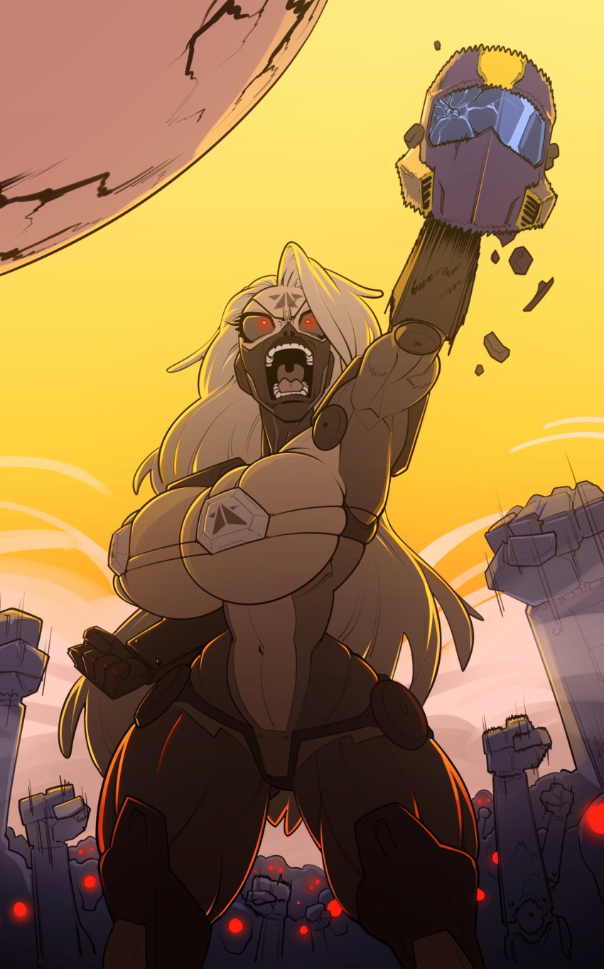 1girls automaton_(helldivers) commission cropped_legs crowd fan_character groove1121 helldivers_2 helmet huge_breasts long_hair metallic_body micro_bikini multicolored_skin muscular_female open_mouth outdoors red_eyes robot robot_girl robot_humanoid shouting solo_focus standing teeth very_long_hair white_hair