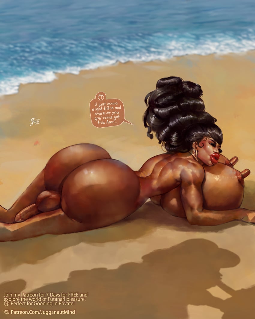 areolae ass balls beach beach_background big_areola big_ass big_breasts big_butt big_hair big_nipples big_penis big_thighs bimbo bimbo_body bimbo_futanari bimbo_lip bimbo_lips bimbofication bimbofied black_hair blush breasts closed_eyes dark-skinned_female dark_skin dialogue digital_media_(artwork) earrings english_text erect_nipples erection eyebrows eyelashes female female_focus female_only futanari genitals girly hair hair_bigger_than_head hi_res highres huge_ass huge_breasts huge_butt huge_cock huge_hair huge_nipples huge_testicles huge_thighs human jugganaut jugganaut_freak large_breasts long_hair looking_pleasured missjugg nipples no_bra no_panties nude nude_female one_eye_closed open_mouth original original_character shadow simple_background slut solo solo_focus very_long_hair voluptuous